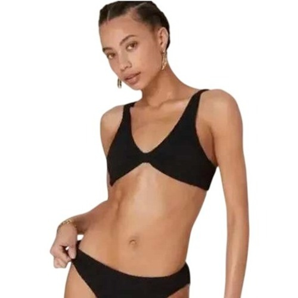 Andie Swim Amor Bikini‎ Top Black Textured XL NWT Deep V-Neck
